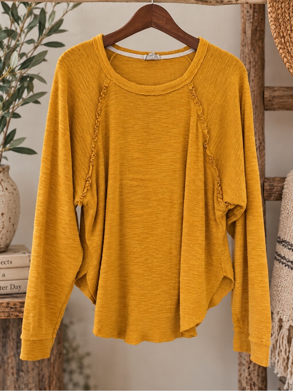Pilcro Mustard Yellow Ruffle Seam Oversized Knit Top Size M
